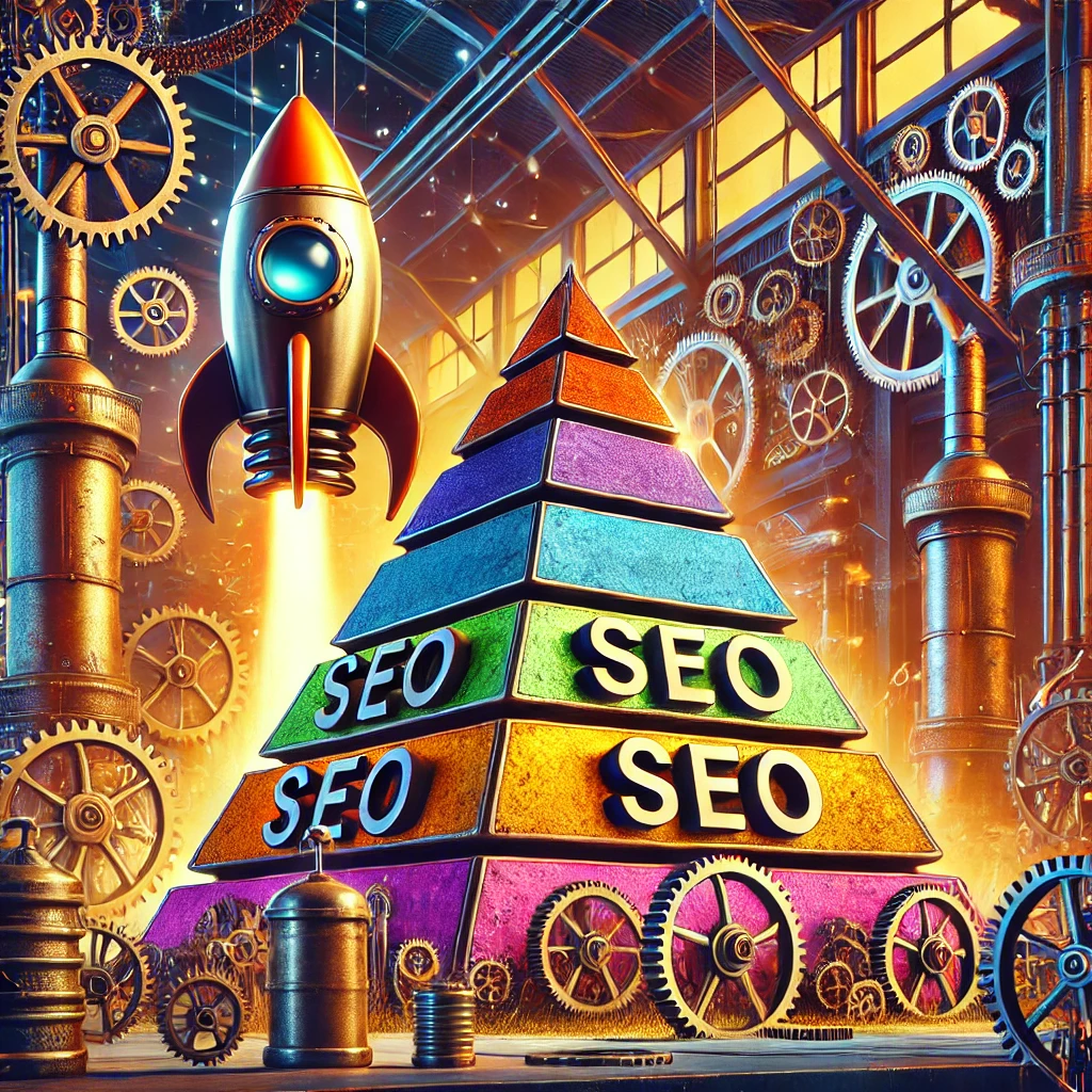 Steampunk-inspired SEO Pyramid with a bold color palette and a cartoon-style rocket in a factory setting, symbolizing progress and industrial growth.