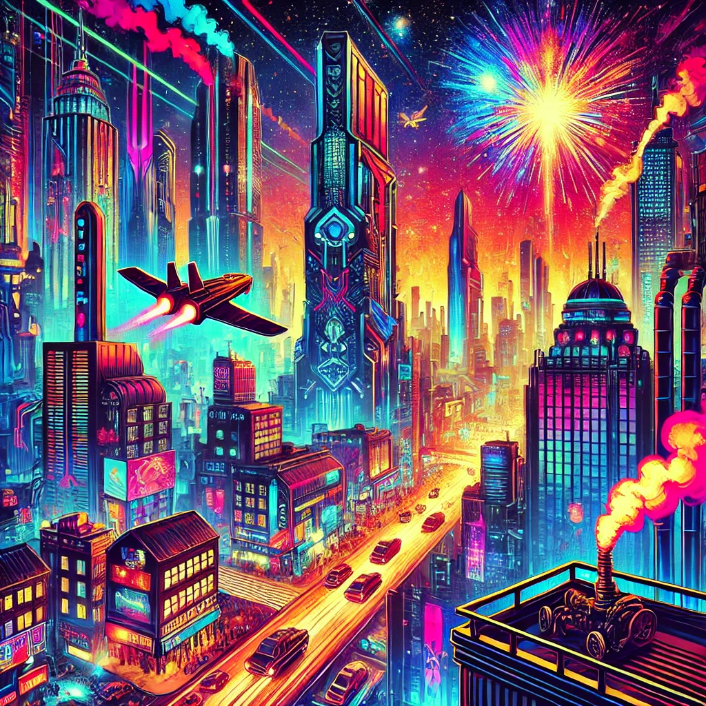 A vibrant cyberpunk cityscape with neon-lit skyscrapers, flying cars, and an explosion in the distance.