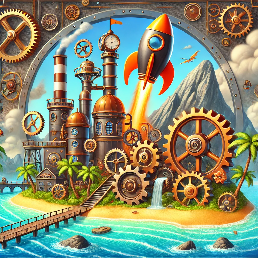 Steampunk factory with cartoon rocket and comedic explosion on a paradise island.