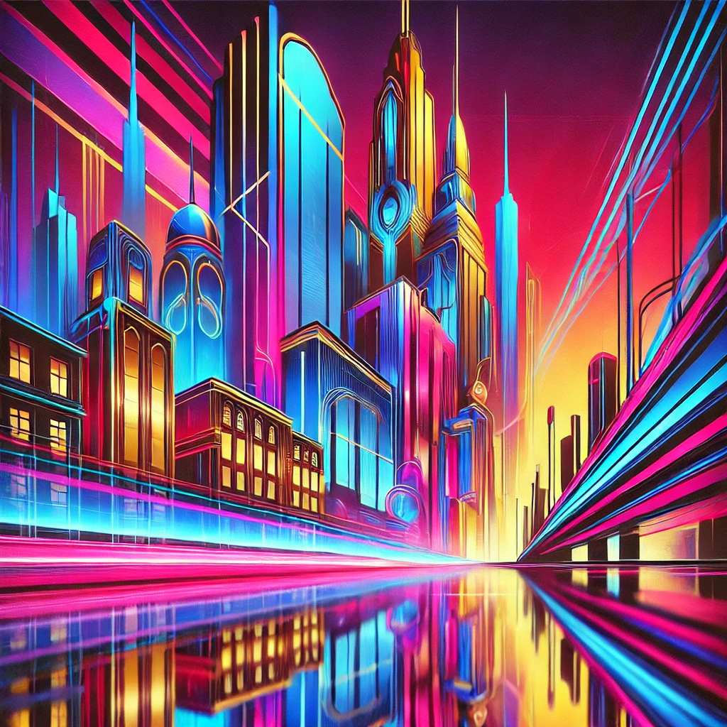 Futuristic cityscape in vibrant neon colors, reflecting cyberpunk style with towering buildings and a modern, sleek look.