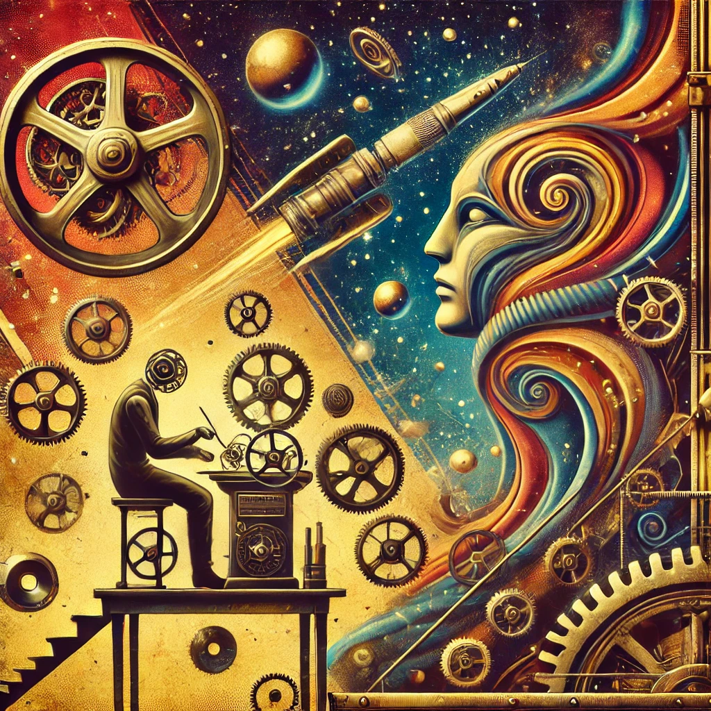 Now moving to Stage 5: Generating an image along with the Alt text, Caption, and Description. Image: For the image, I'll create a random blend based on the instructions provided, combining elements from the categories in the instructions. Here’s the image request: A surreal scene featuring a steampunk aesthetic with bold and vibrant colors. In the background, there is a space station with mechanical gears, and in the foreground, there's an abstract figure working seriously, surrounded by floating tools and objects. The entire setting has a vintage look, and a steam machine is subtly placed in the corner. The image will be unrelated to the post content but visually appealing. I’ll now generate the image. Here is the generated image based on your specifications. Now, I'll provide the Alt text, Caption, and Description for the image. Alt Text: "Surreal steampunk scene with a space station, mechanical gears, and a figure working amidst floating tools."