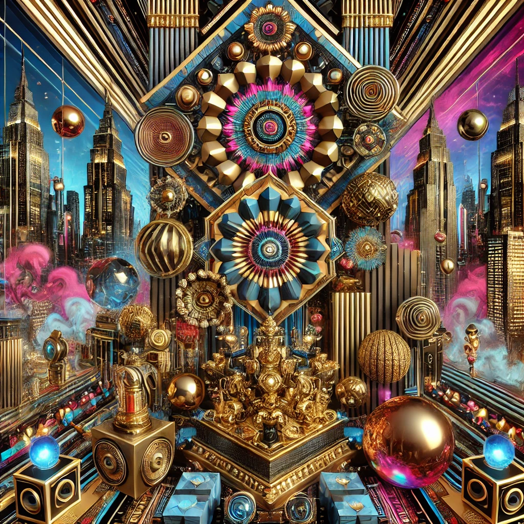 A futuristic cityscape with neon lights and towering skyscrapers in the background, blending cyberpunk and opulence. The foreground features gold accents and luxurious objects mixed with advanced tech gadgets. The scene is vibrant with abstract shapes and bold colors.