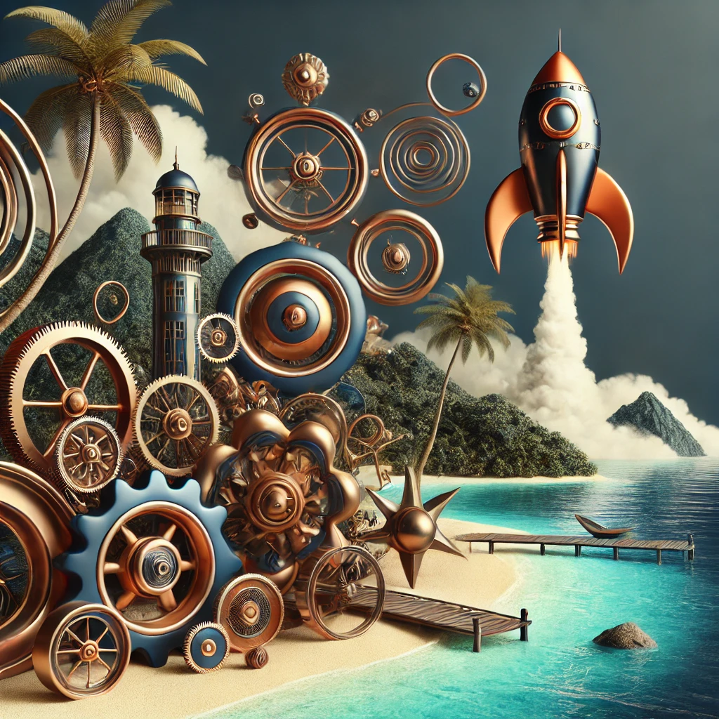 Steampunk scene set on a tropical paradise island with mechanical gears and a cartoon-style rocket launching in the background.