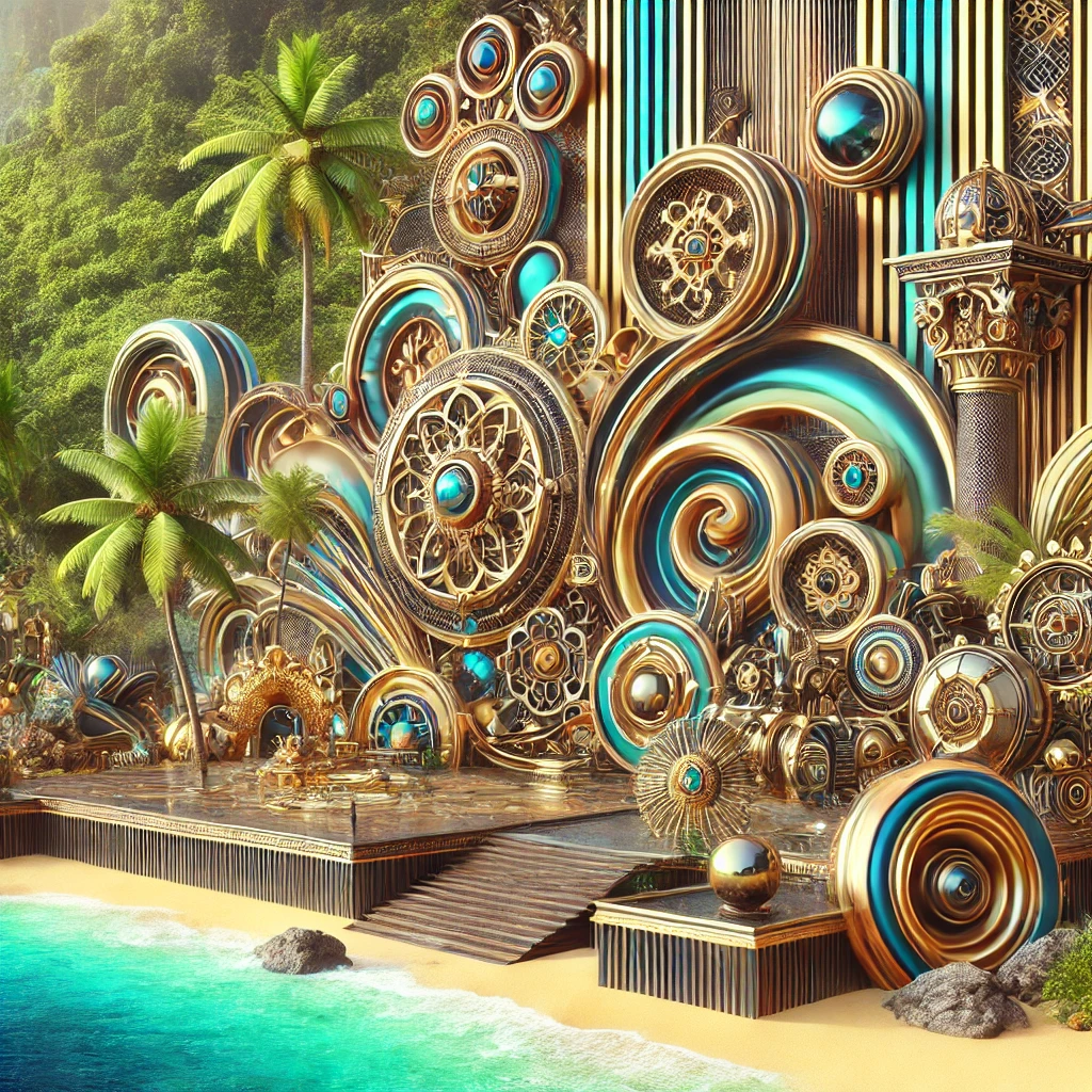 A steampunk-inspired scene set on a vibrant paradise island, featuring abstract elements of opulence and a lush forest in the background.