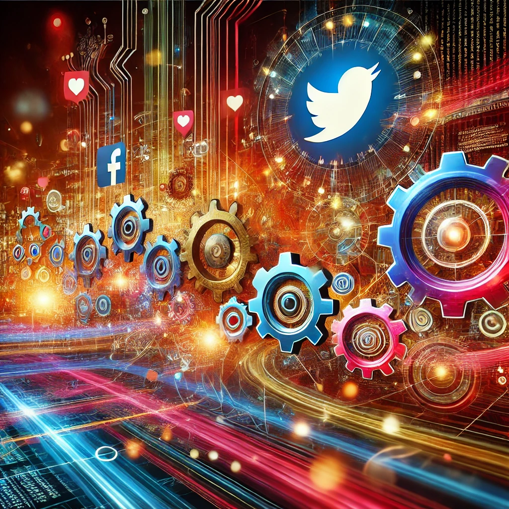 "A vibrant abstract image representing automation in social media marketing with interconnected digital networks, gears, and Twitter icons, symbolizing automated technology."