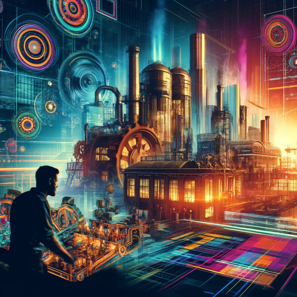 "Cyberpunk and steampunk cityscape featuring a factory with steam engines and a person working seriously, blending industrial and futuristic technology."