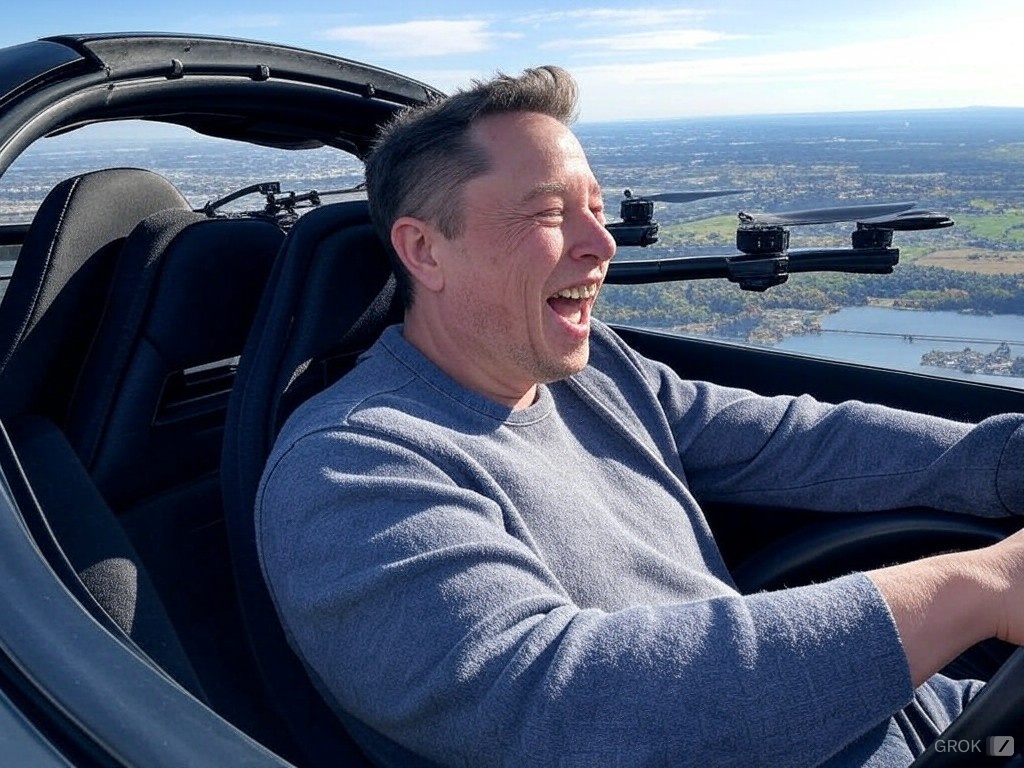 Photo of Elon Musk driving a Tesla Roadster over New Jersey made by Grok.